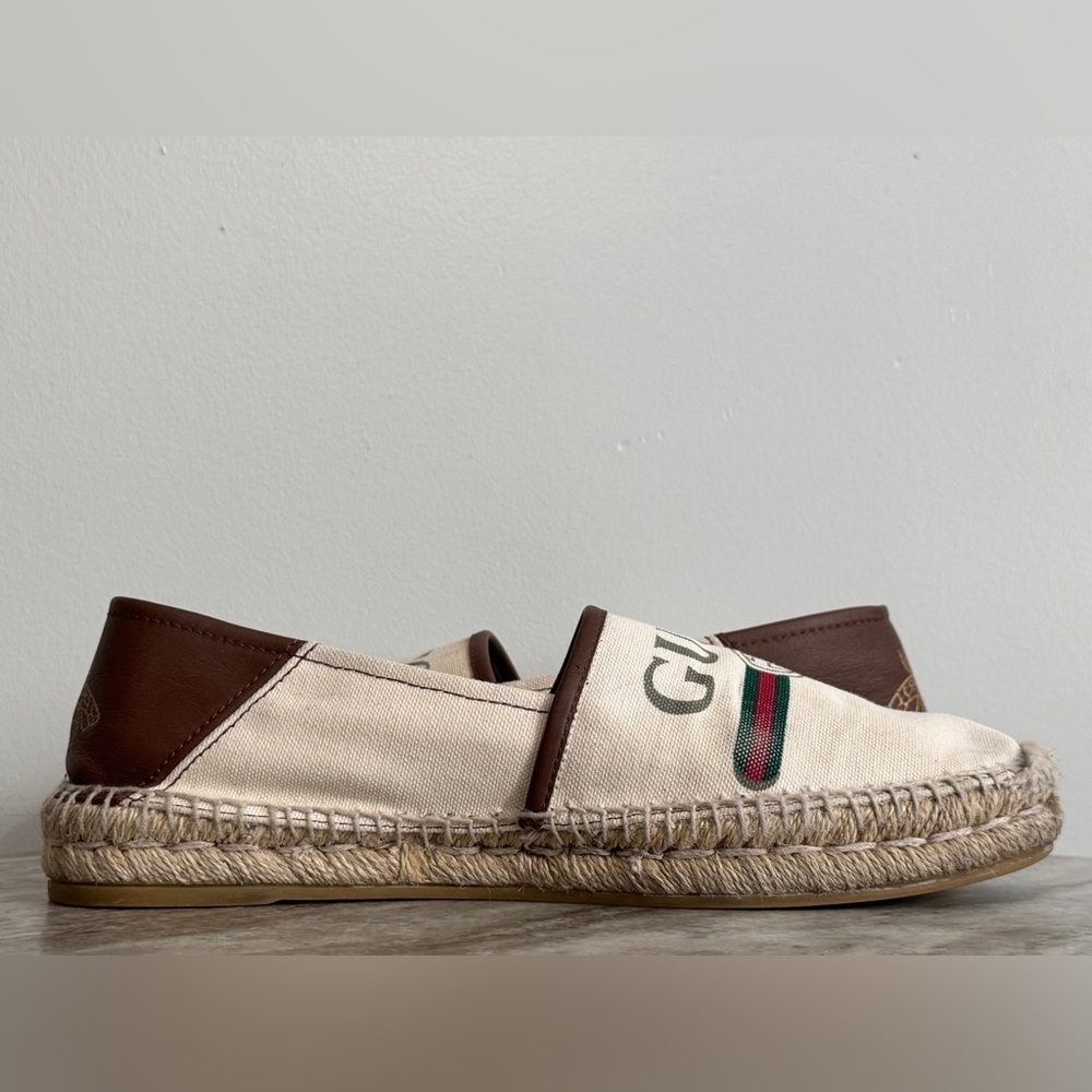 GUCCI Espadrilles Beige/ Cream Canvas With Web & Logo Leather Trim  7  / 7.5 US - Picture 5 of 13